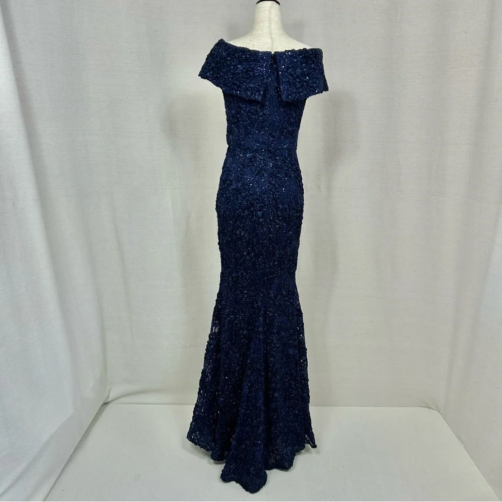 Xscape Navy Blue Rosette Sequin Lace Mermaid Off Shoulder Prom Gown Size 4 - Picture 6 of 10